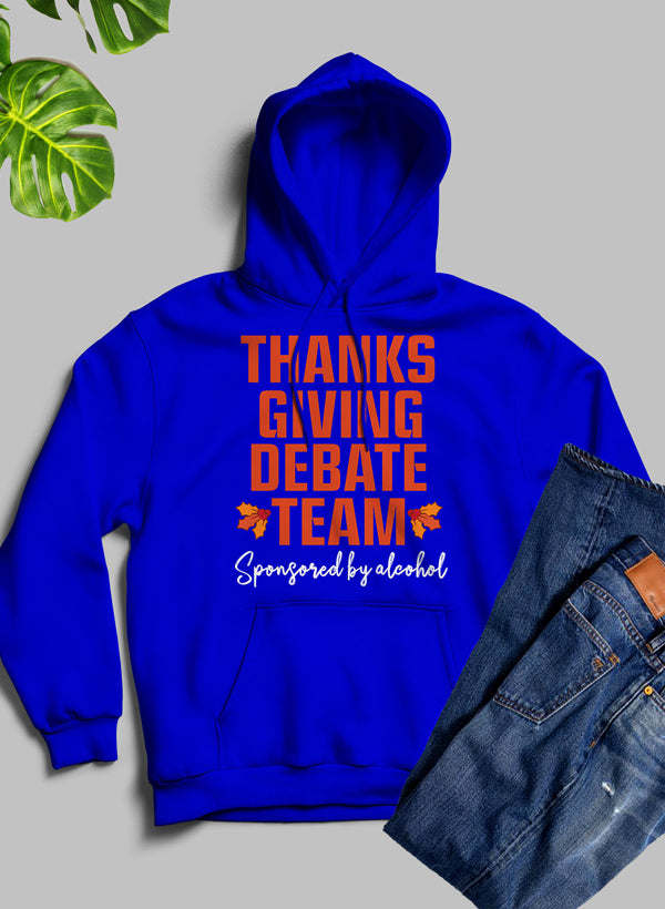 Royal blue hoodie with hood and front 'Thanks Giving Debate Team' graphic, plus kangaroo pocket.