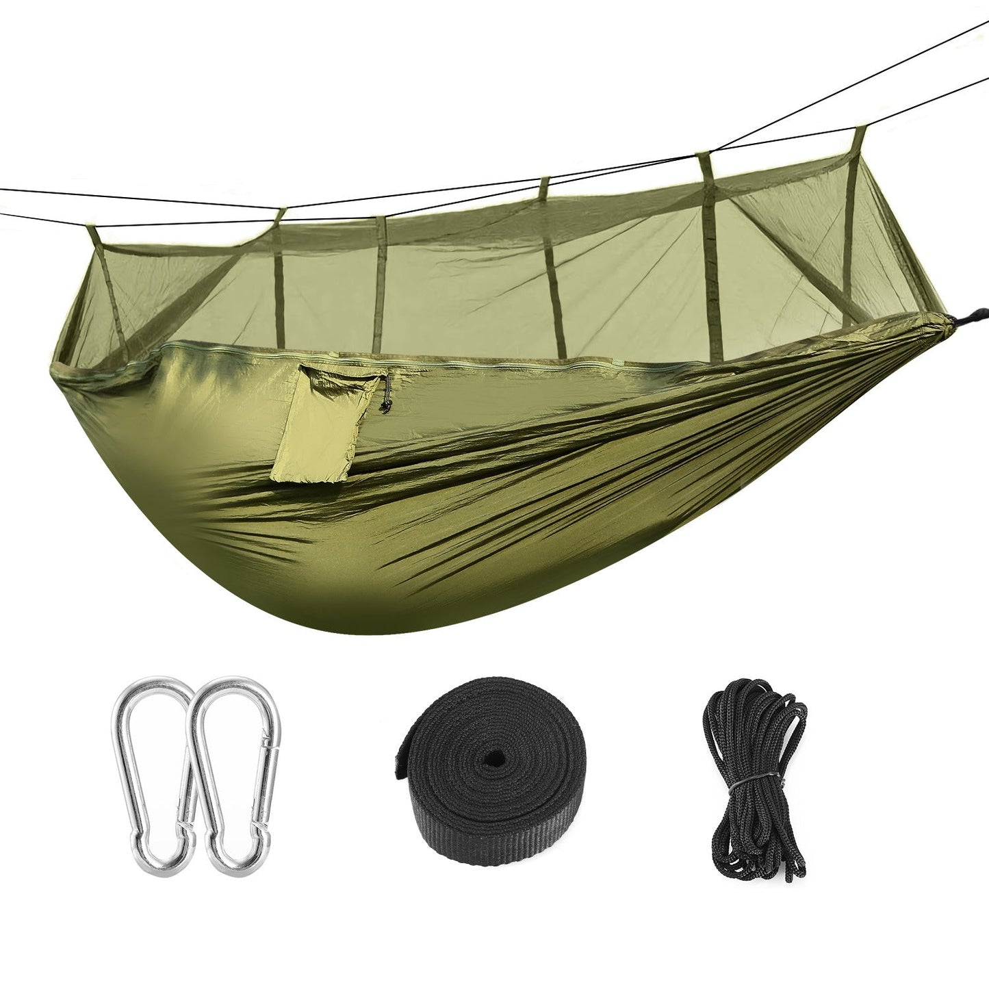 Green mosquito-net hammock with included straps and hanging rope kit shown on white