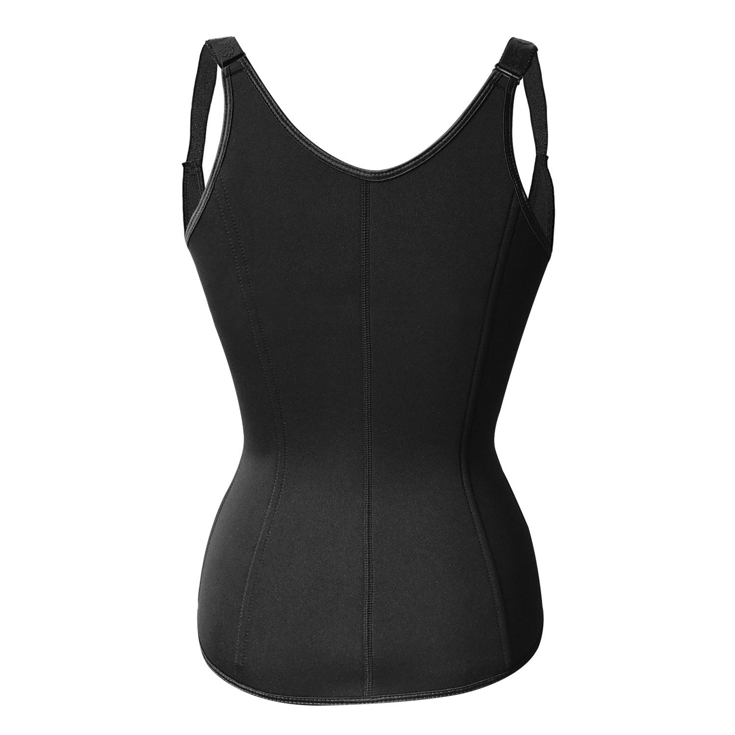 Black waist trainer corset with U-neckline straps and front shaping seams.