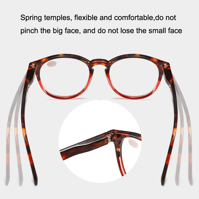 Round reading glasses with tortoiseshell frame and spring temples, front view