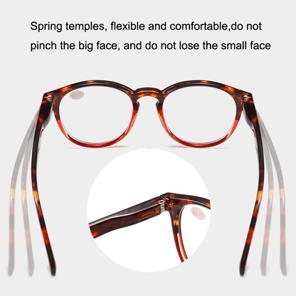 Round reading glasses with tortoiseshell frame and spring temples, front view
