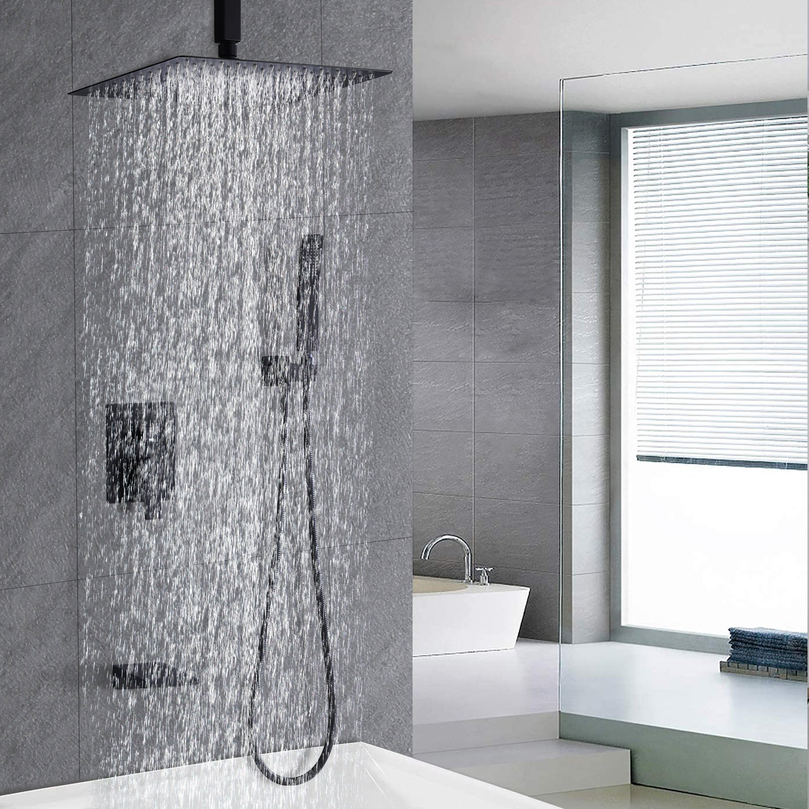 Matte black shower faucet set with rain head and handheld sprayer, water streams