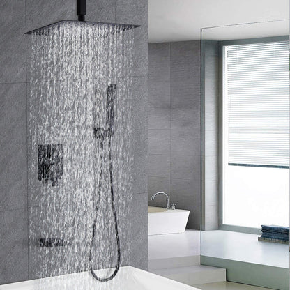 Matte black shower faucet set with rain head and handheld sprayer, water streams