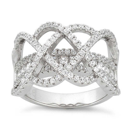 Silver-tone infinity band ring with clear CZ stones in a repeating linked pattern