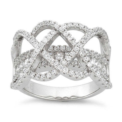 Silver-tone infinity band ring with clear CZ stones in a repeating linked pattern
