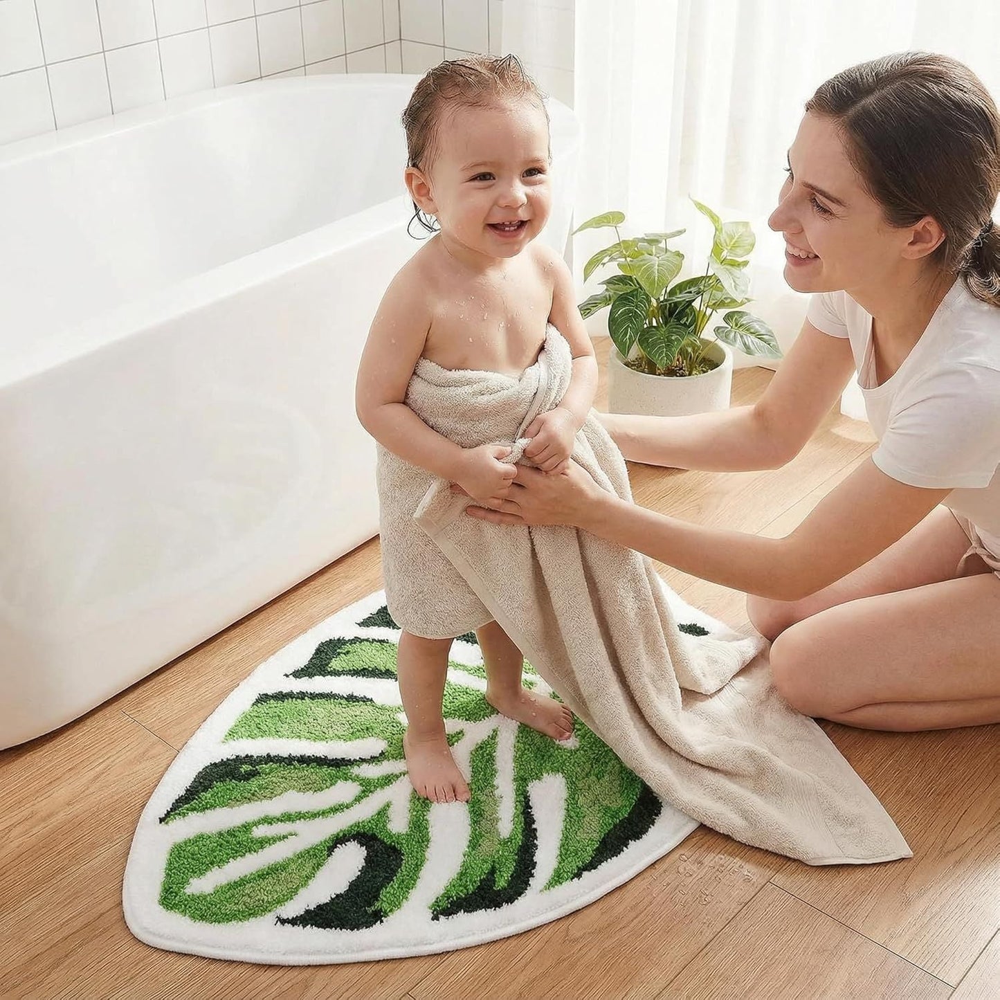 Leaf Bath Mat - Soft, Green MonsteraNon-Slip Leaves Rug, Tropical Flower Bath Mat for Bathroom, Plush & Machine Washable, Fun Bathroom Rugs, 19.6x39.3 Inches (Green Monstera, 40 x 20 in)