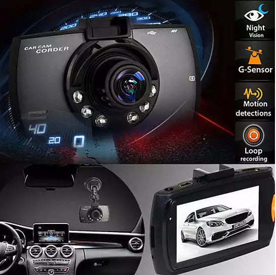 Car dash camcorder front lens close-up with indicator-style lighting around display