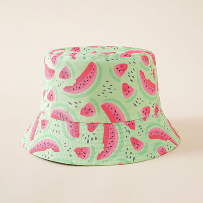 Light green bucket hat with watermelon print, wide brim