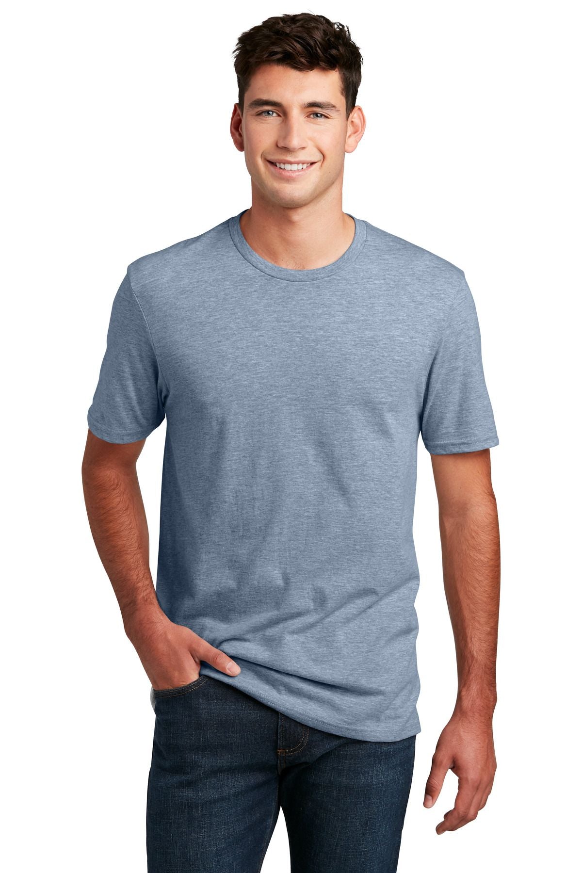 Men's heather light blue crewneck T-shirt, angled front view, short sleeves