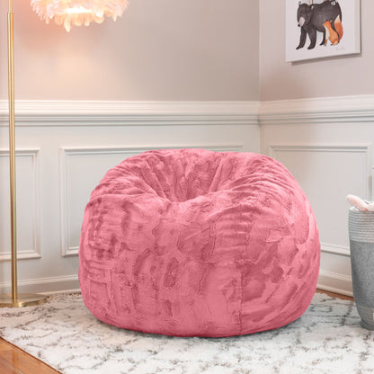 Rose Quartz faux fur bean bag chair, domed round seat with gathered seams.