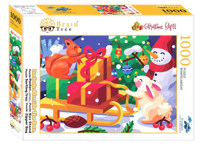 Brain Tree 1000-piece jigsaw puzzle box front with animal winter scene and gifts