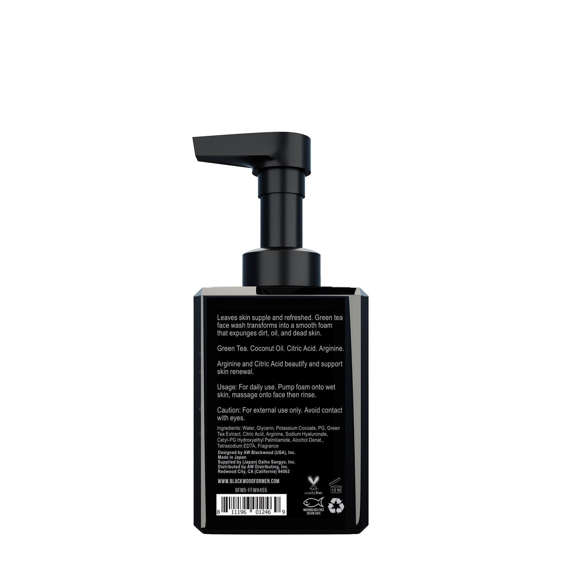Blackwood for Men foaming face wash bottle with pump, black back label