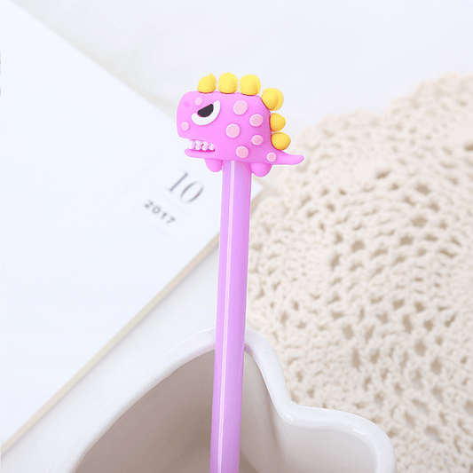 Purple cartoon dinosaur gel pen with molded dinosaur head and black 0.5mm tip