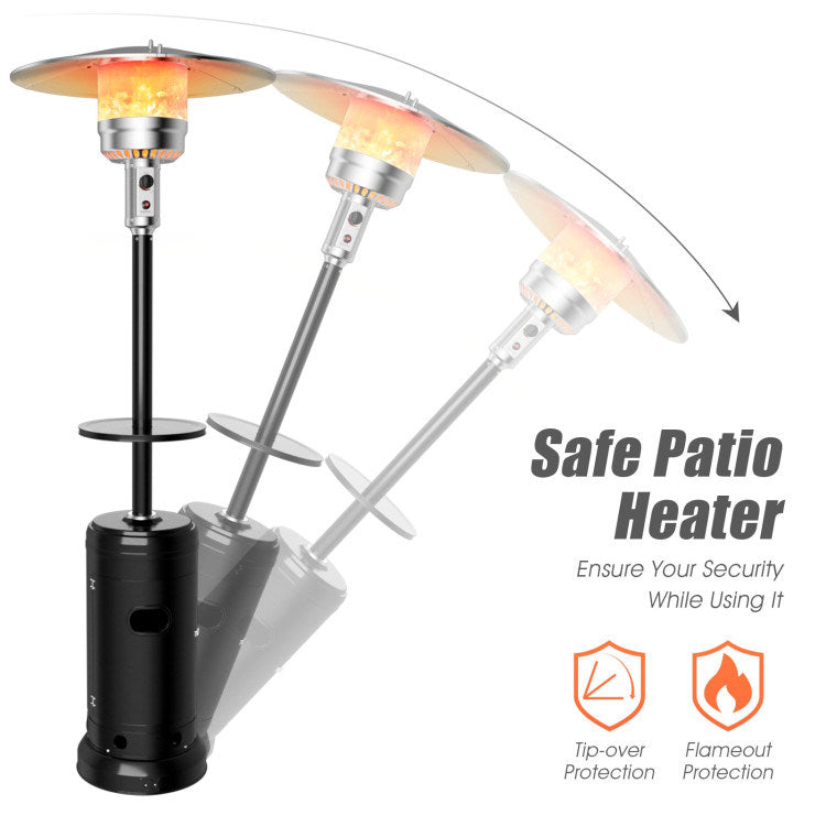 Black propane standing heater with round reflector and tabletop, showing safety icons