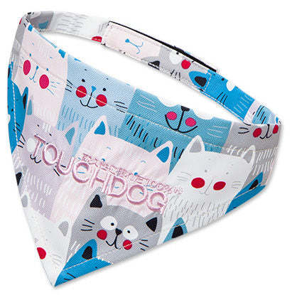 Folded printed dog bandana in blue with cats, dogs, and colorful shapes