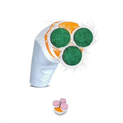 Cordless spin scrub brush head with three green scrub pads and orange trim