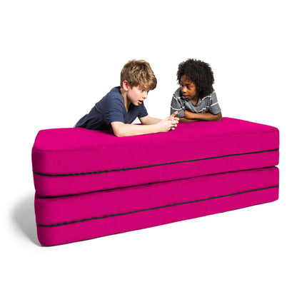 Fuchsia microsuede modular kids sofa with black edge trim, children sitting