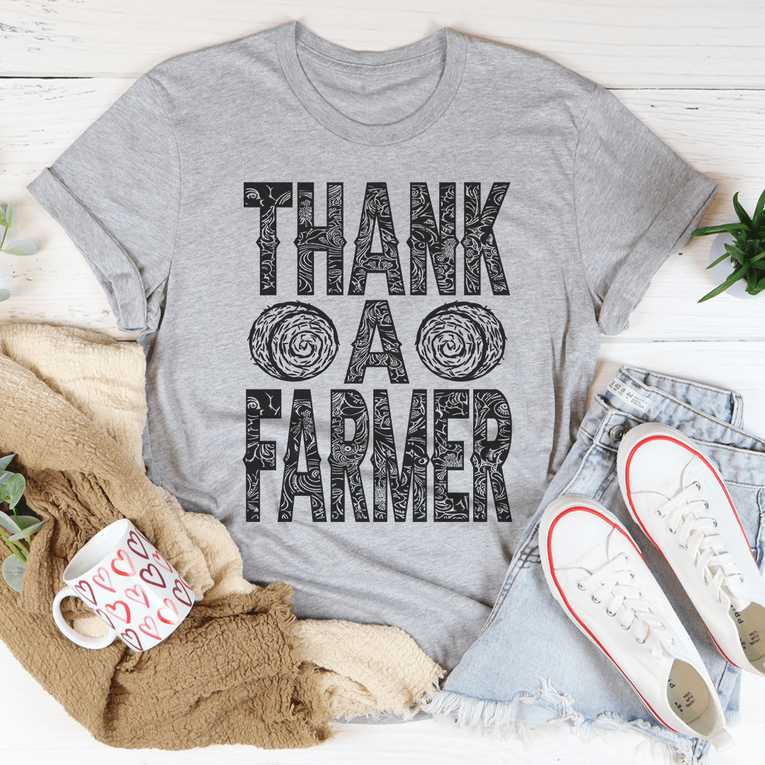 Heather gray thank-you farm t-shirt with large black 'THANK A FARMER' graphic