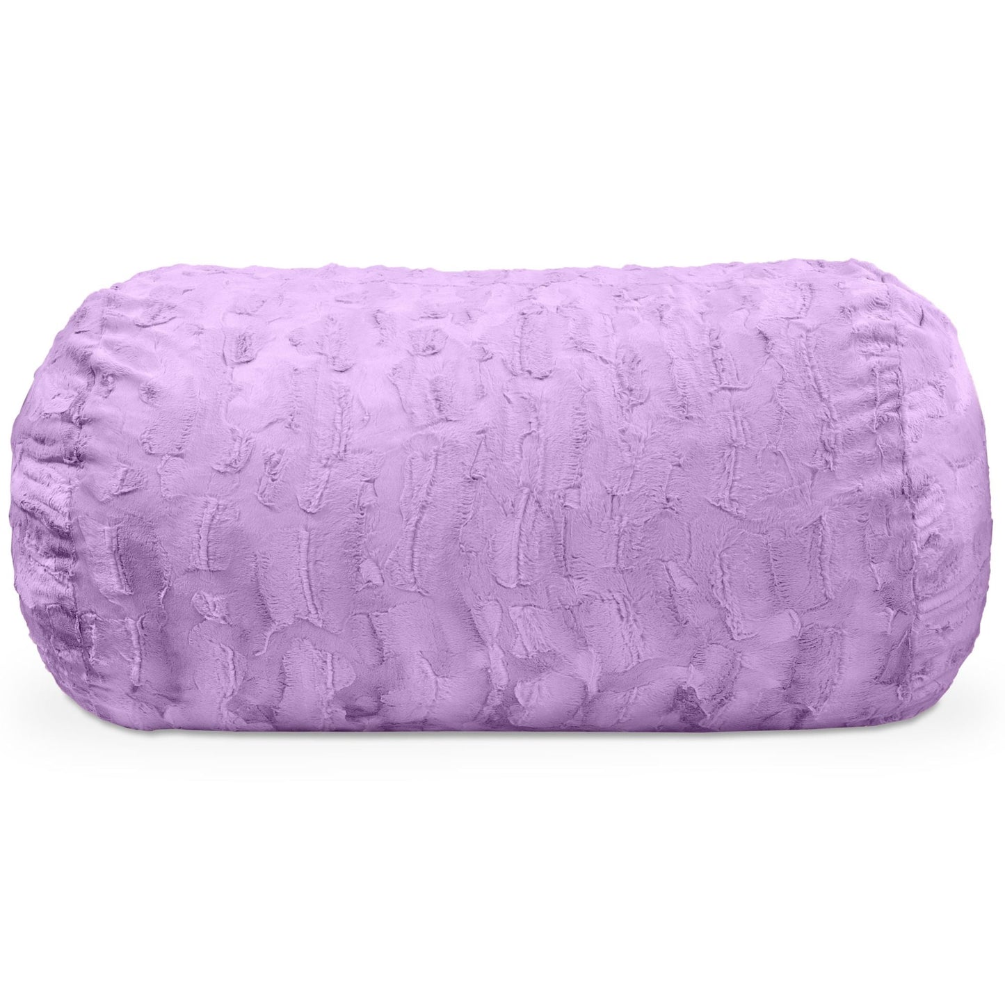 Purple faux fur 4-foot bean bag couch with rounded cylindrical shape