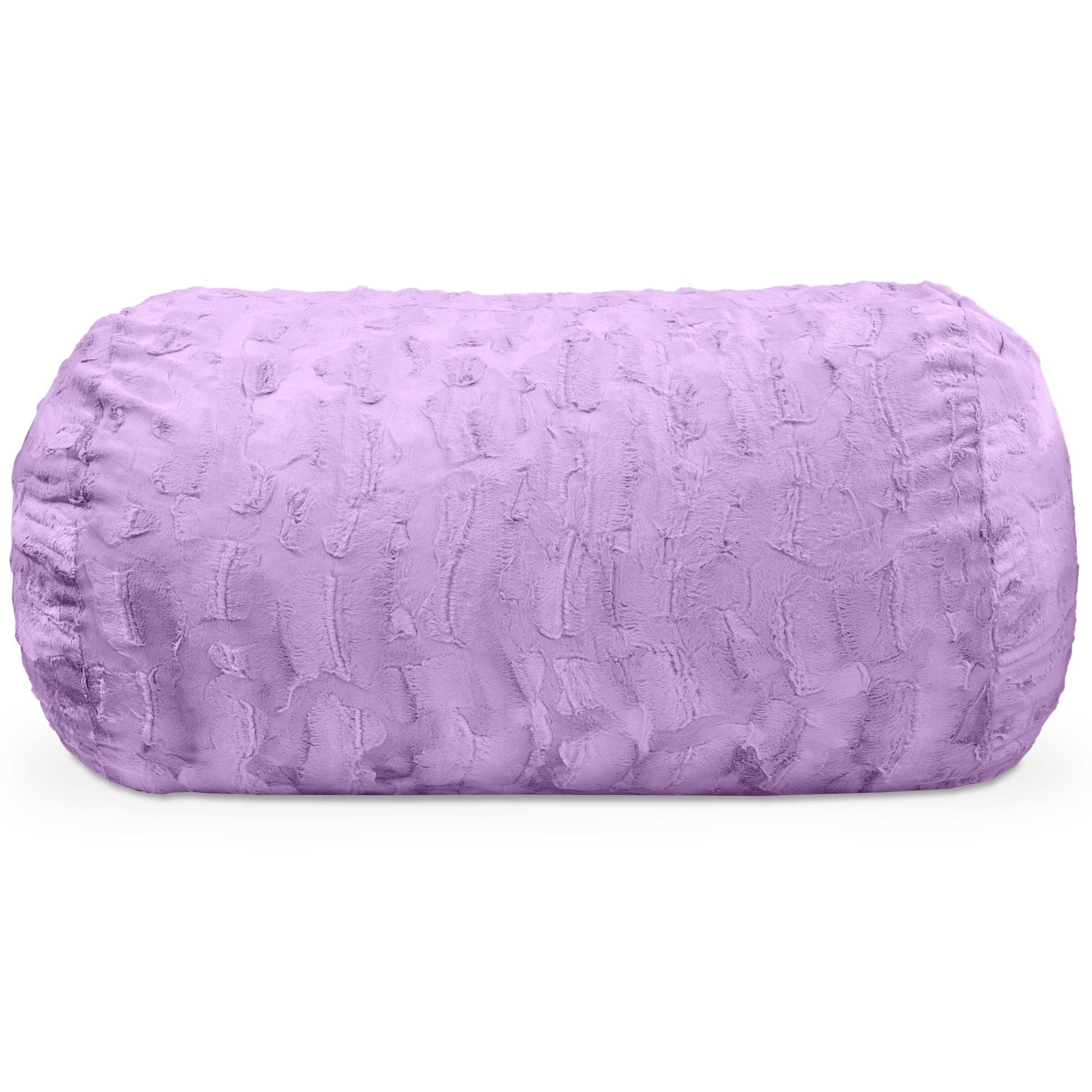 Purple faux fur 4-foot bean bag couch with rounded cylindrical shape