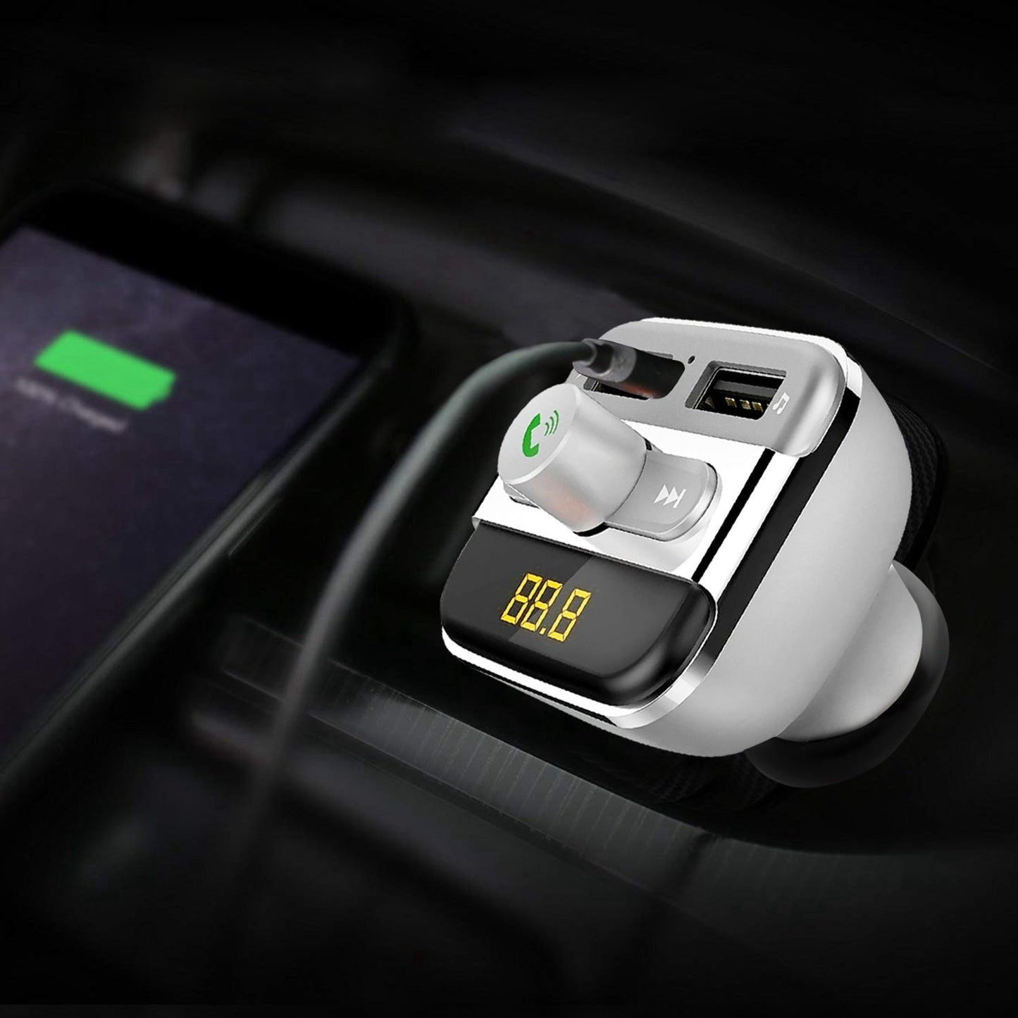 Silver car wireless FM transmitter with dual USB ports and hands-free call display