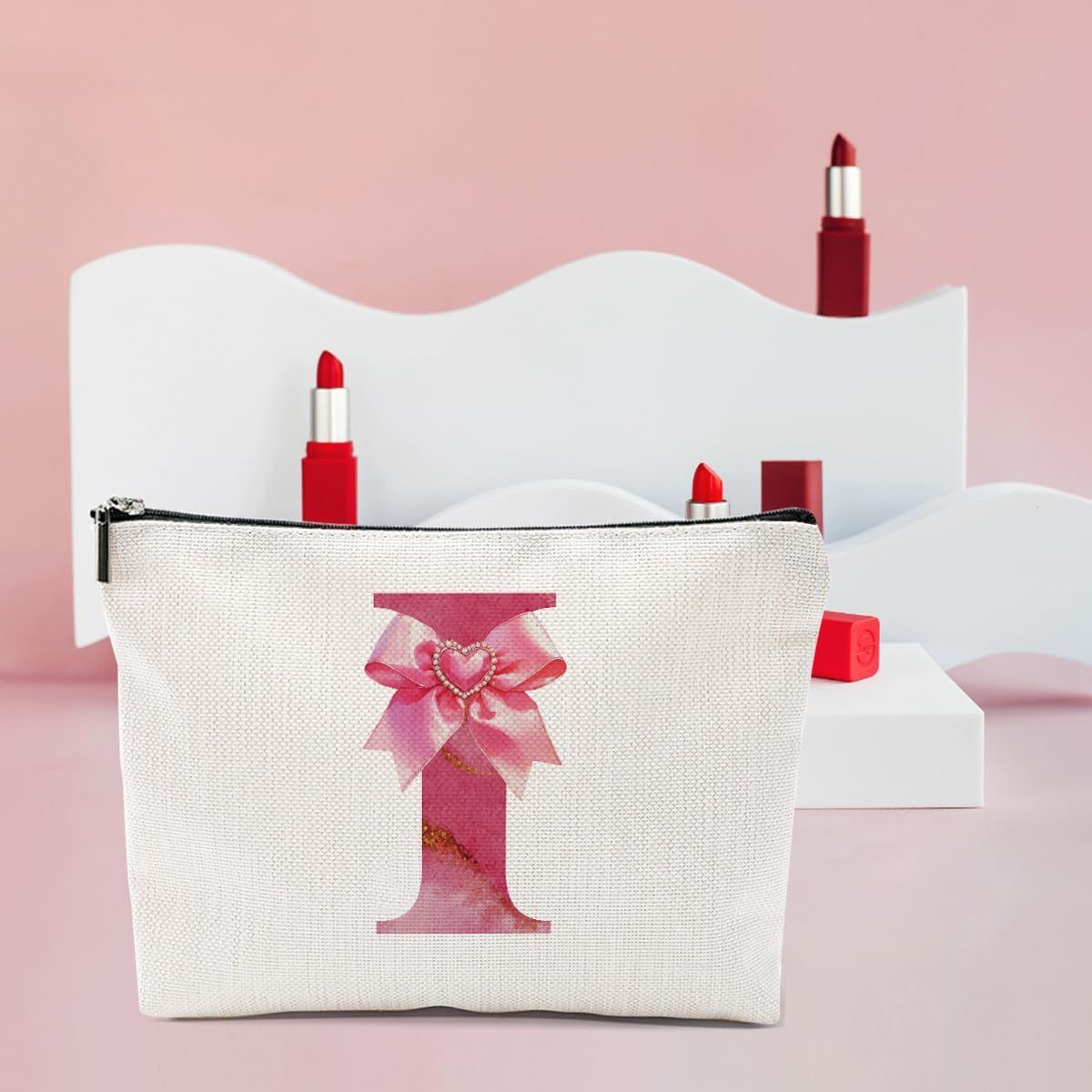 Personalized Initial Makeup Bag, Monogram Bow Travel Toiletry Make Up Bags Cute Preppy Cosmetic Bag Pouch Makeup Organizer Mothers Day Wedding Birthday Gifts for Women Nurse Sister Girls Pink I