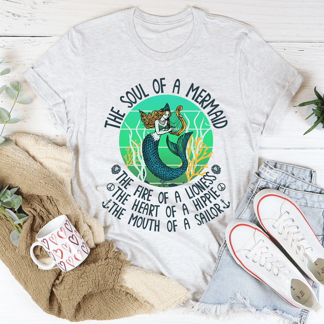 Mermaid T-shirt, light gray with mermaid graphic and arched text, crew neck short sleeves