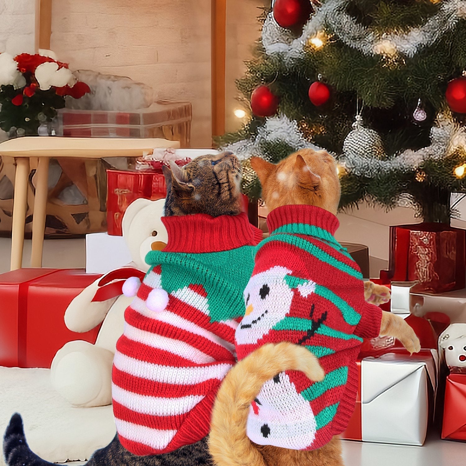 Pet Christmas turtleneck sweaters: red/white striped with snowman; green-striped companion visible