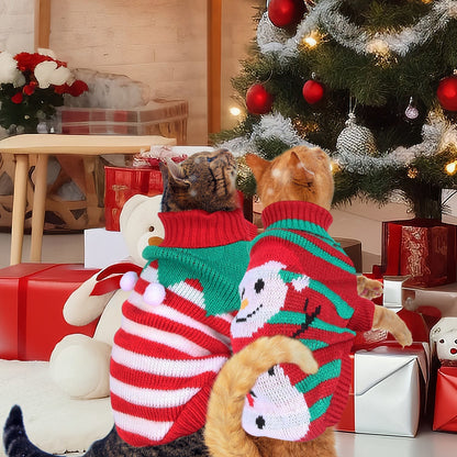 Pet Christmas turtleneck sweaters: red/white striped with snowman; green-striped companion visible