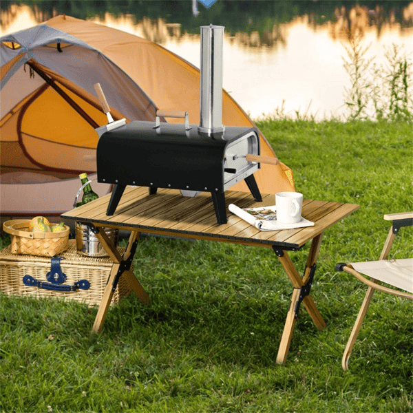 12-inch Automatic Rotating Pizza Oven with Built-in Thermometer-Portable Wood-Fired Pizza Oven, Outdoor Kitchen Authentic Stone-Baked Pizza, Independent Carbon Grill, Wheel-equipped Pizza