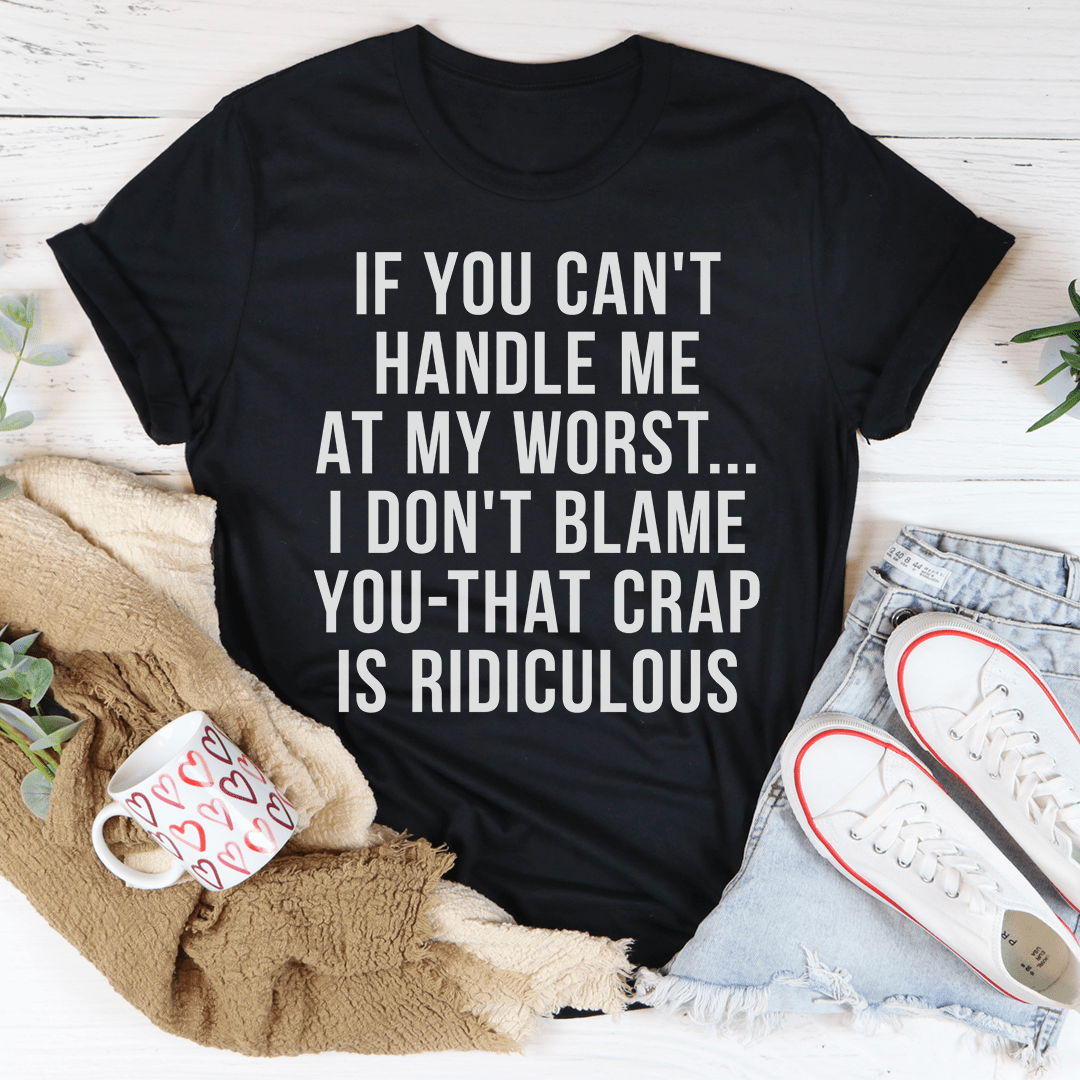 Black crew-neck T-shirt with white quote text graphic on the front