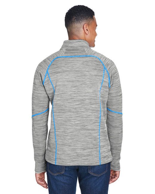 Men's bonded fleece jacket, light gray back view with blue contrast piping