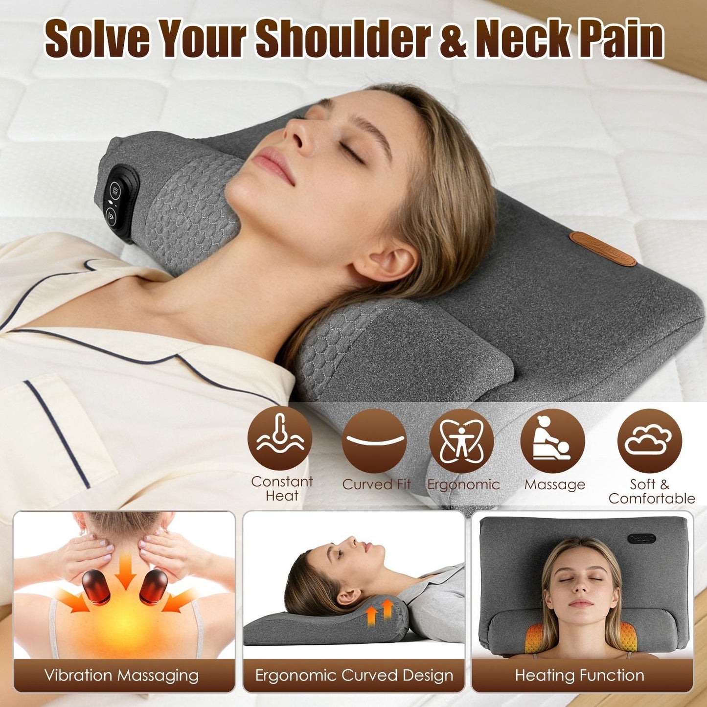 Dark gray neck massager pillow with built-in massage controls and heating