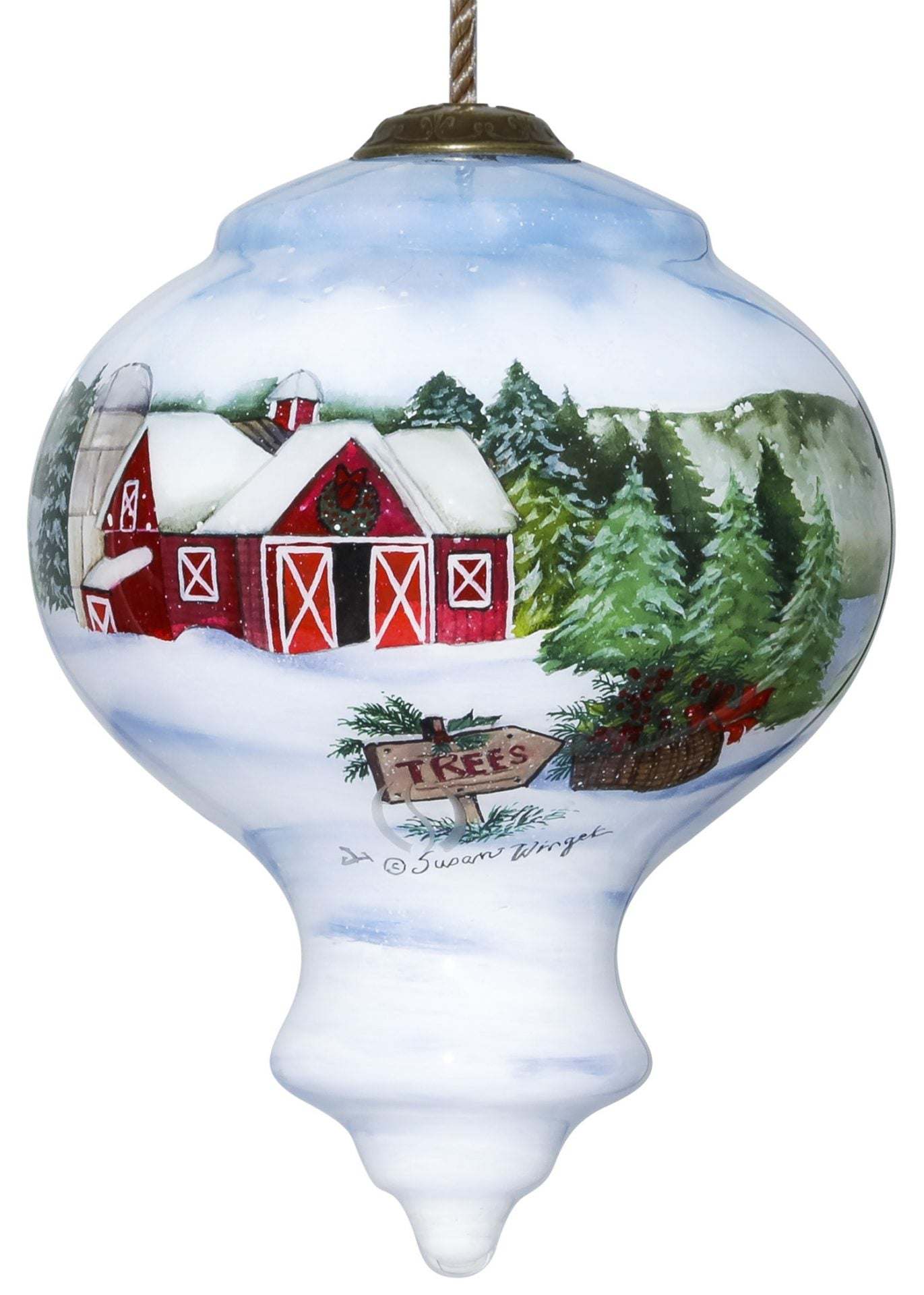 Hand-painted glass hanging ornament with red barn and snowy evergreen trees