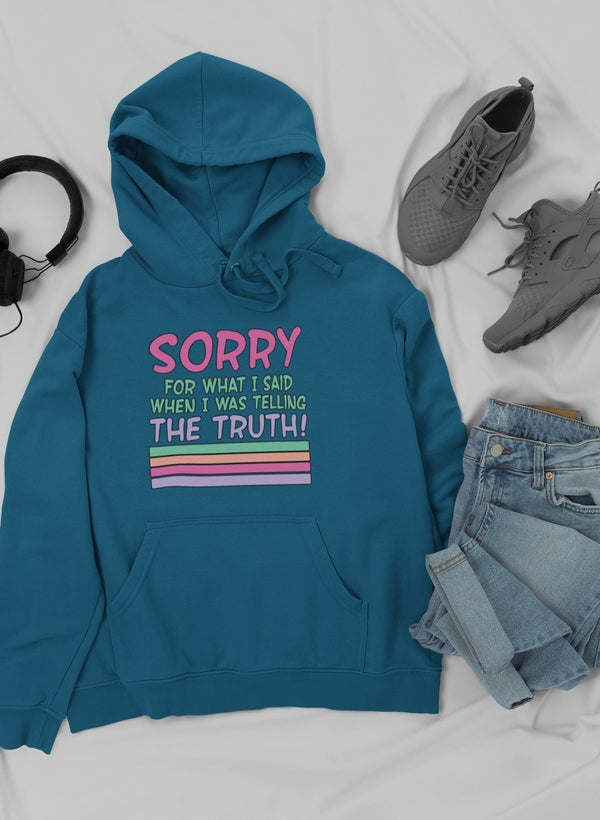 Teal pullover hoodie with front text graphic, kangaroo pocket, and drawstring hood