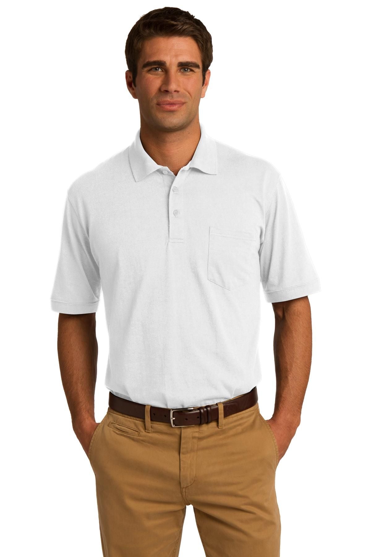 Men's white jersey knit pocket polo shirt
