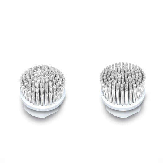 Two round bristle brush heads with white bases and grey bristles