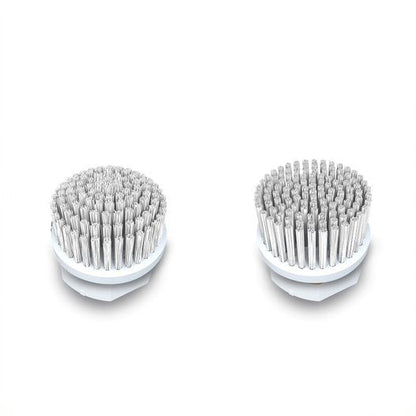 Two round bristle brush heads with white bases and grey bristles