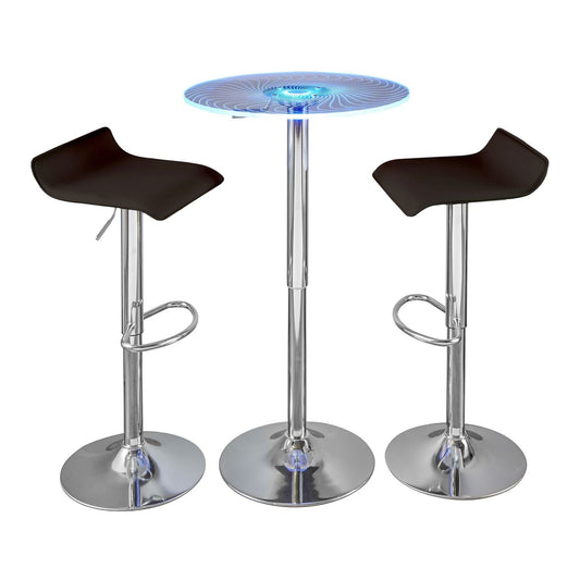 Spyra-Ale Contemporary Adjustable Bar Set in Chrome Metal, Clear Acrylic with Light Up Tabletop, and Brown PVC by - 3 Piece