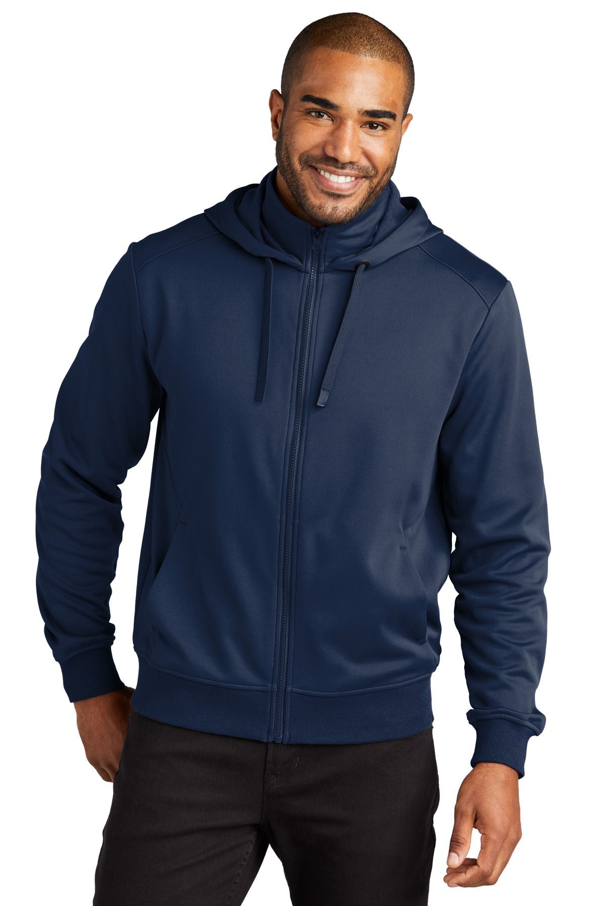 Men's zip-up hooded fleece jacket, deep navy, front pockets and drawstring hood