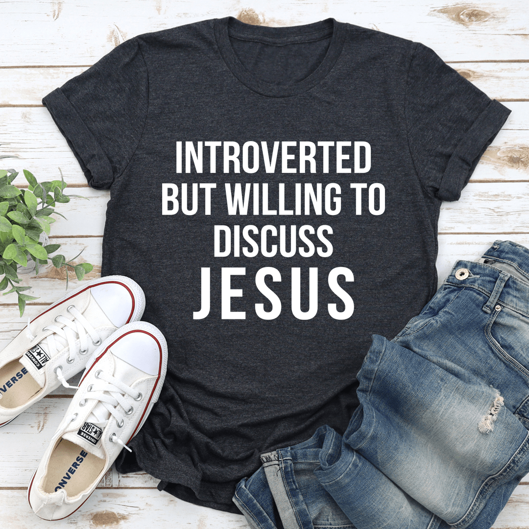 Dark grey heather crew-neck T-shirt, flat lay, INTROVERTED DISCUSS JESUS print
