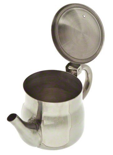 Stainless steel tea pot with lid open, circular vented insert and side handle