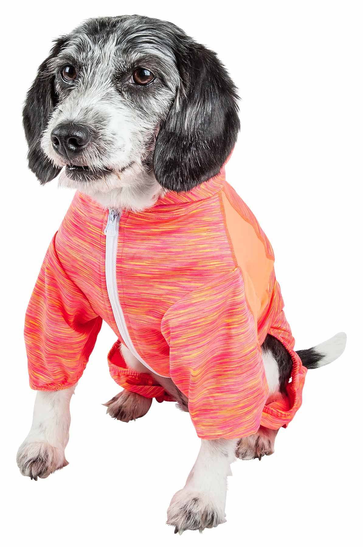 Two-toned orange performance dog hoodie with hood, front zipper, and long sleeves.