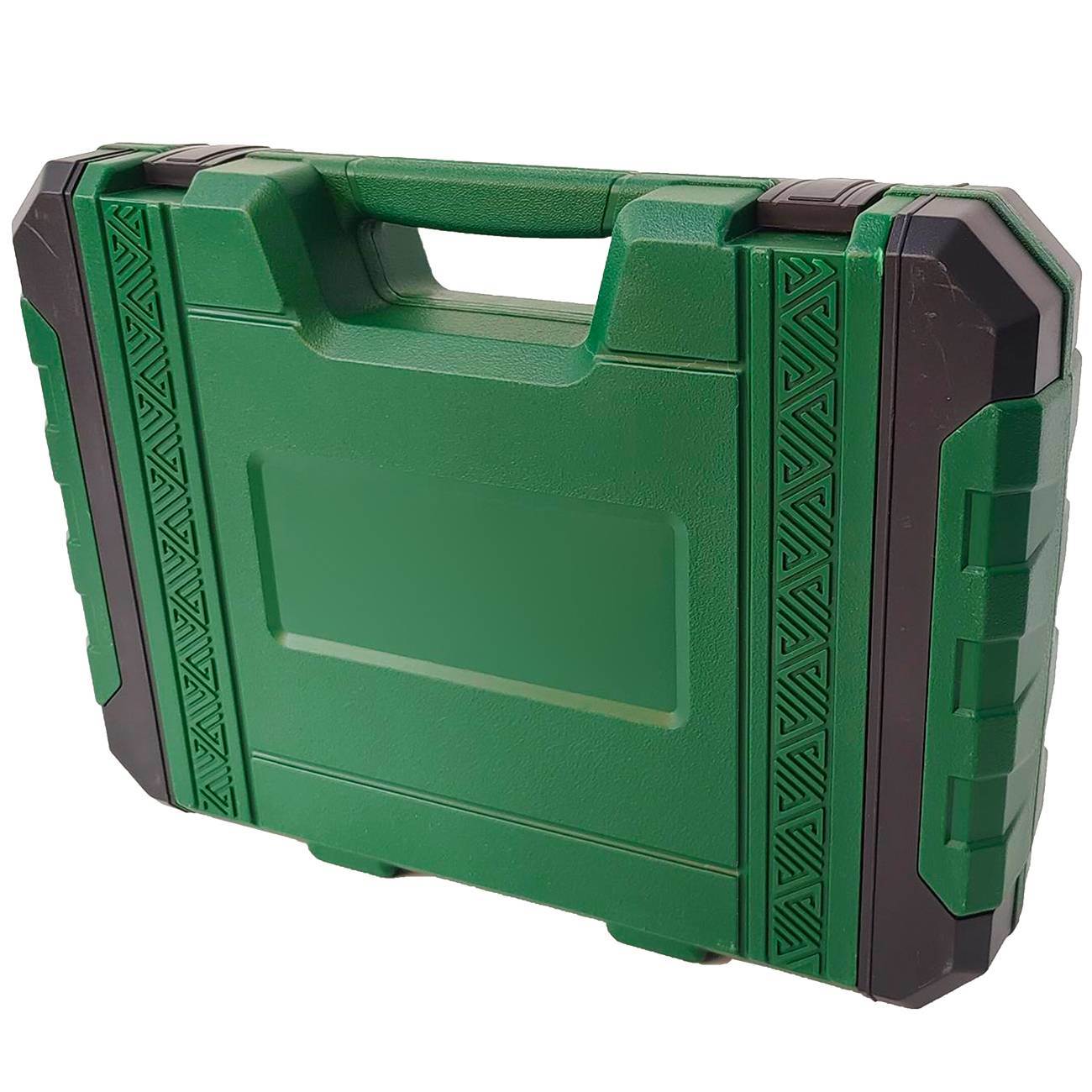 Green hard-shell mechanics tool case with handle and latch