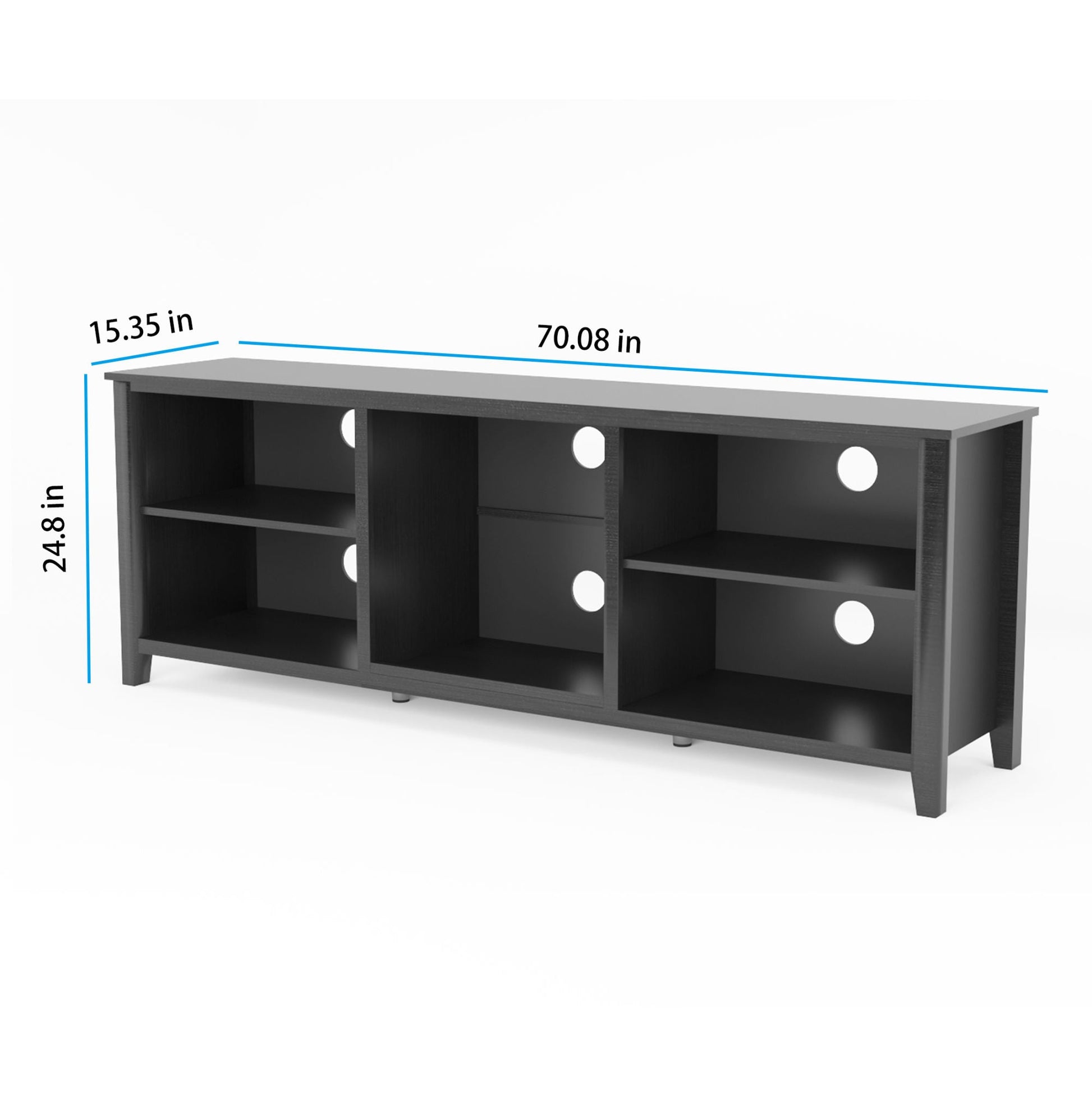 Black TV stand storage console shown with cabinet dimensions and open media compartments.