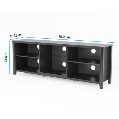 Black TV stand storage console shown with cabinet dimensions and open media compartments.