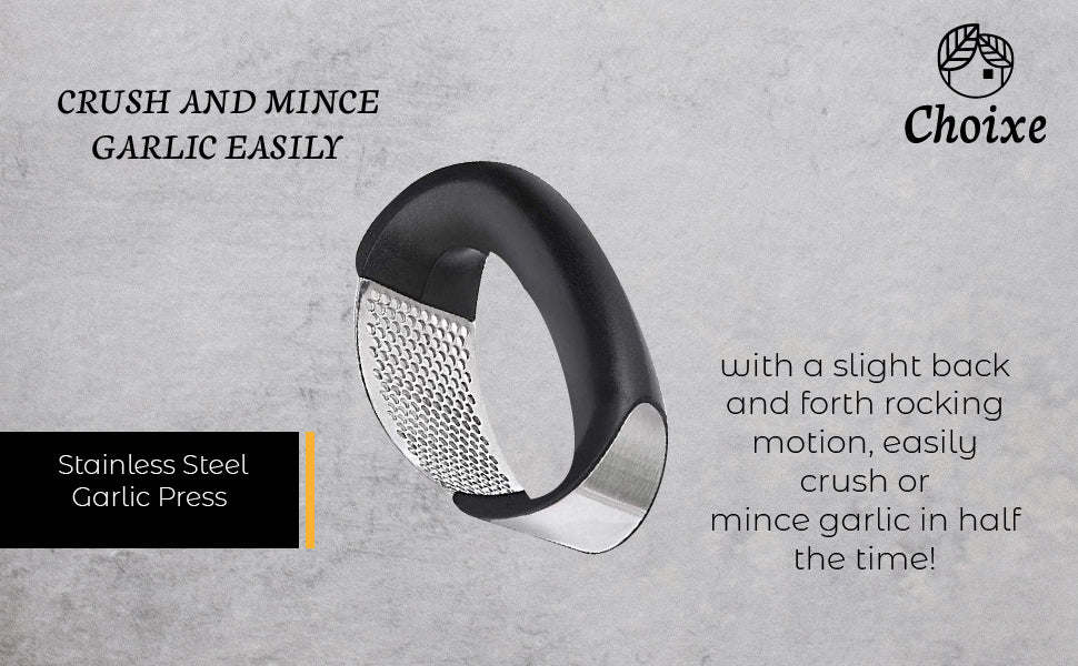 Stainless steel garlic press with black outer handle and perforated crushing plate