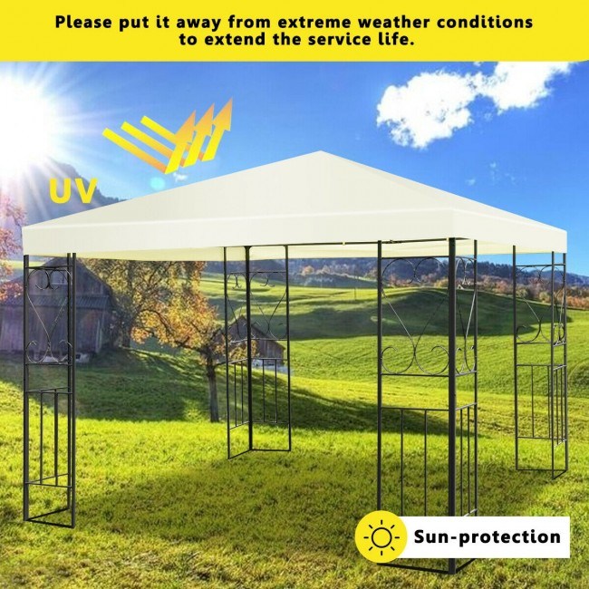 Cream canopy patio gazebo tent with black metal frame and UV sun protection