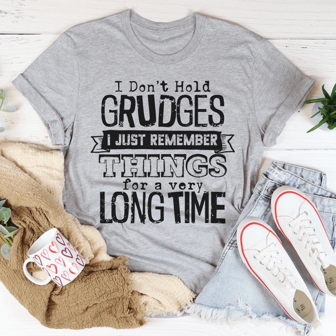 Gray heather crewneck graphic T-shirt with centered 'GRUDGES' and 'LONG TIME' print