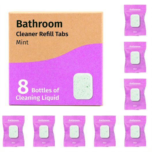 Bathroom cleaner refill tablets, pack of 8 mint; purple box with pale green tablet
